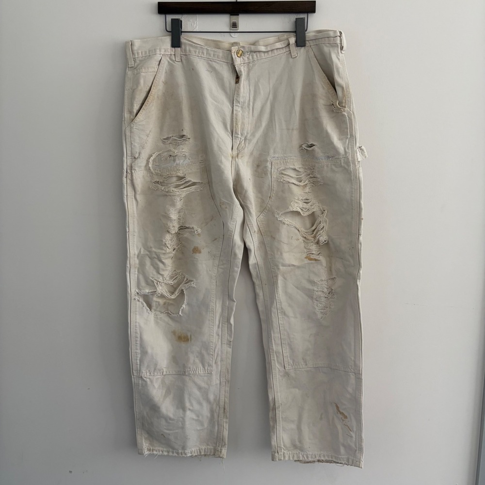 Carhartt Double Knee Distressed Work Pants Off White Cream 40x29